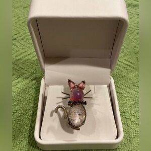 Cat Costume Jelly Belly Brooch Vintage Red Rhinestone Collar Pink W/Gold Tone